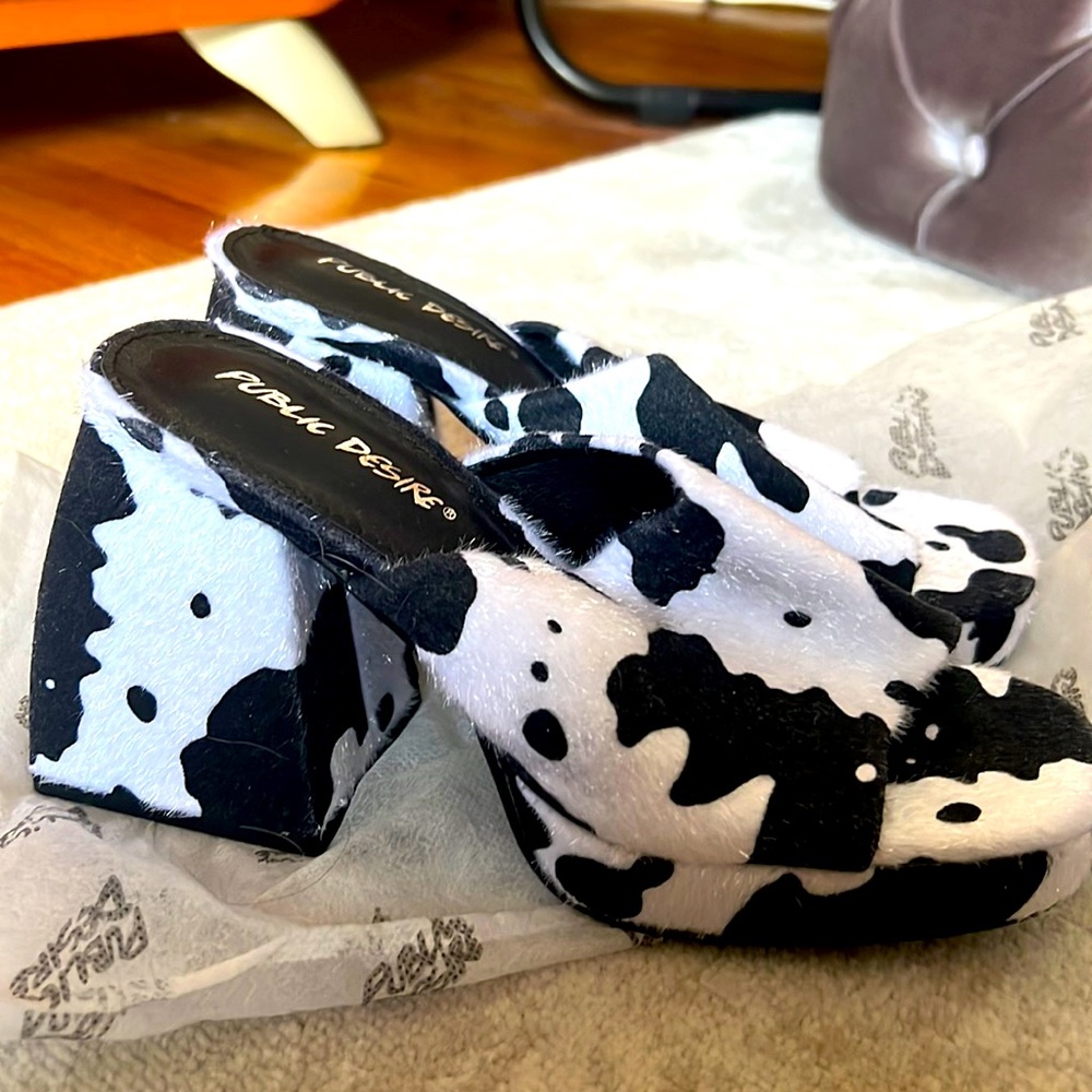 Public Desire wide fit cow print mules